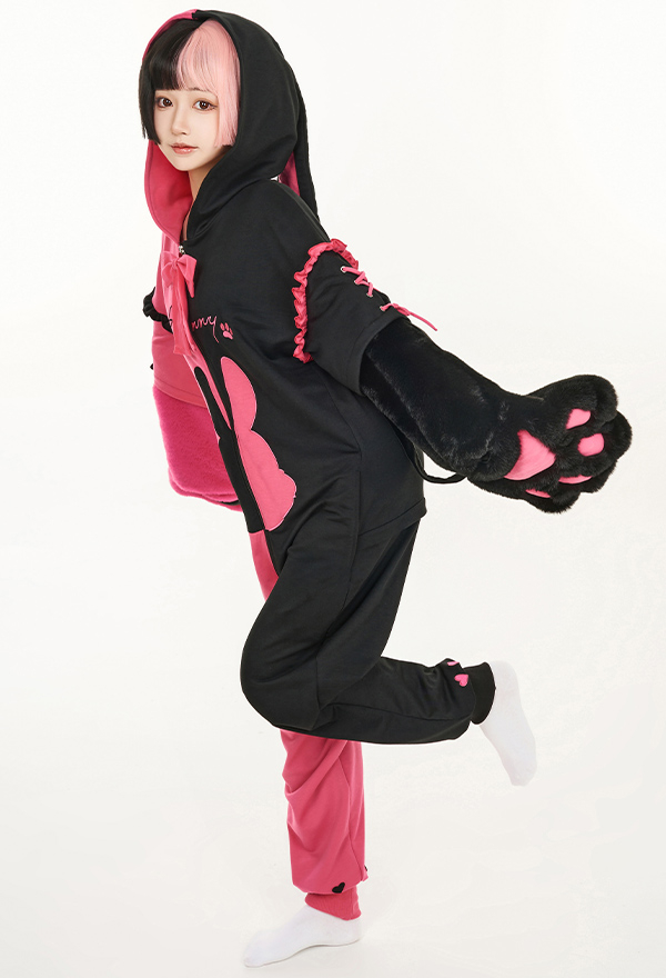 Women Cute Pink Black Constract Color Rabbit Hooded Onesie Pajama with Detachable Furry Paw Gloves