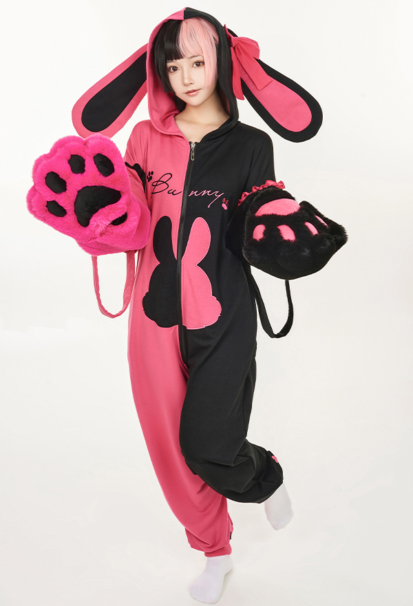 Women Cute Pink Black Constract Color Rabbit Hooded Onesie Pajama with Detachable Furry Paw Gloves