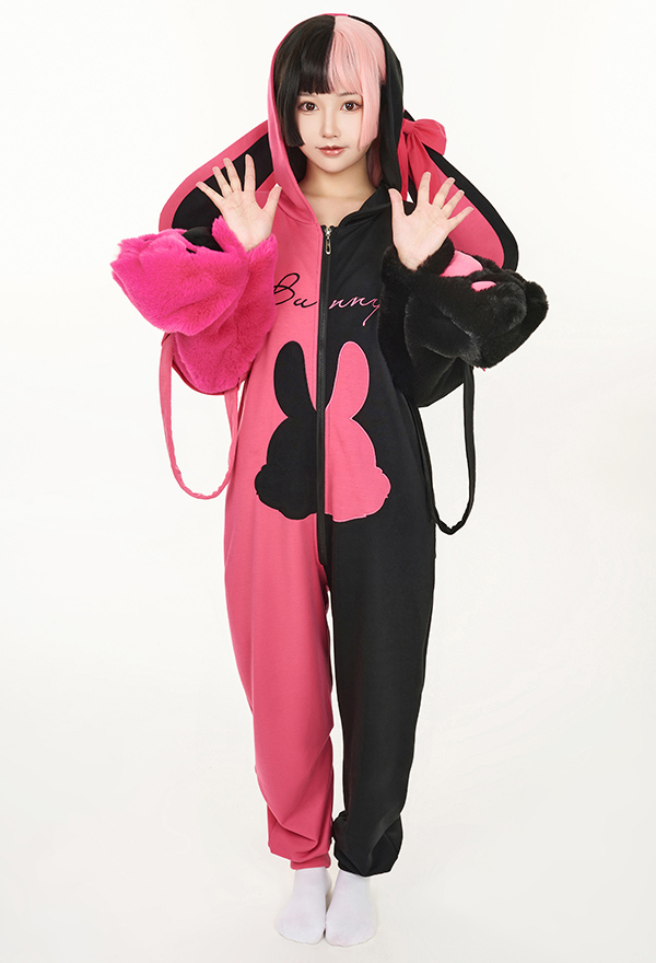 Women Cute Pink Black Constract Color Rabbit Hooded Onesie Pajama with Detachable Furry Paw Gloves