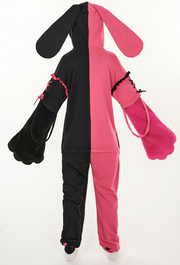 Women Cute Pink Black Constract Color Rabbit Hooded Onesie Pajama with Detachable Furry Paw Gloves