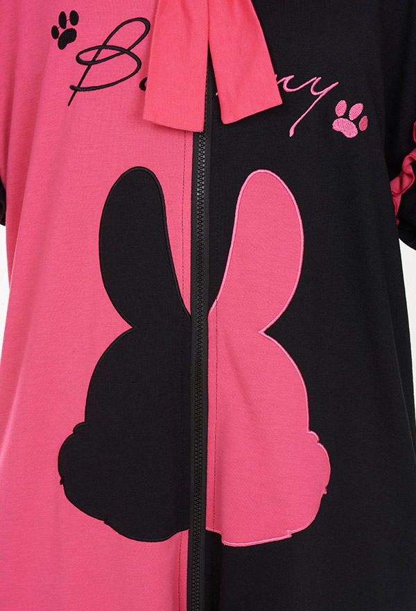 Women Cute Pink Black Constract Color Rabbit Hooded Onesie Pajama with Detachable Furry Paw Gloves