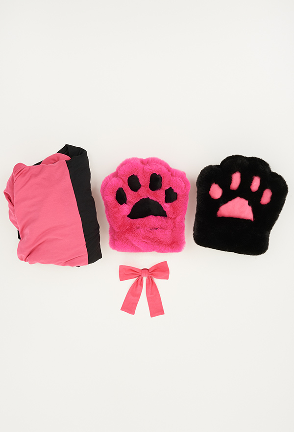 Women Cute Pink Black Constract Color Rabbit Hooded Onesie Pajama with Detachable Furry Paw Gloves