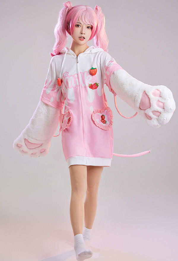 Women Cute Pink Strawberry Milk Hooded Loungewear with Detachable Furry Paw Gloves Women Cute Pink Strawberry Milk Hooded Loungewear with Detachable Furry Paw Gloves