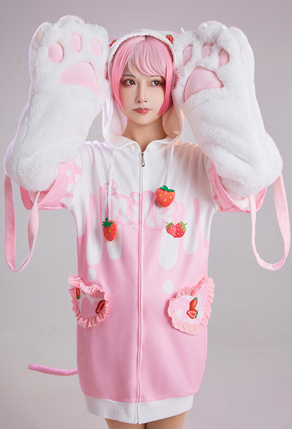 Women Cute Pink Strawberry Milk Hooded Loungewear with Detachable Furry Paw Gloves Women Cute Pink Strawberry Milk Hooded Loungewear with Detachable Furry Paw Gloves