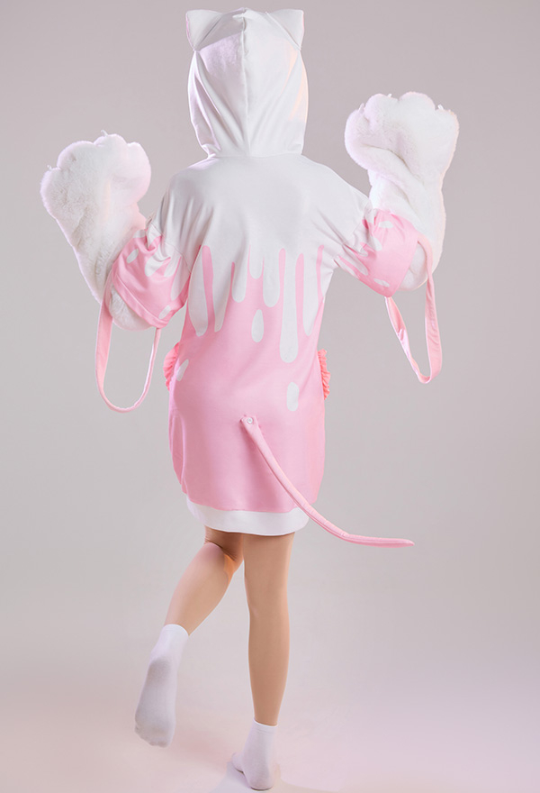 Women Cute Pink Strawberry Milk Hooded Loungewear with Detachable Furry Paw Gloves Women Cute Pink Strawberry Milk Hooded Loungewear with Detachable Furry Paw Gloves
