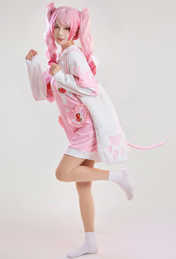 Women Cute Pink Strawberry Milk Hooded Loungewear with Detachable Furry Paw Gloves Women Cute Pink Strawberry Milk Hooded Loungewear with Detachable Furry Paw Gloves