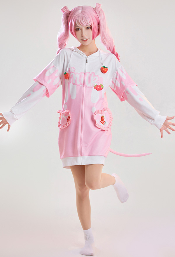 Women Cute Pink Strawberry Milk Hooded Loungewear with Detachable Furry Paw Gloves Women Cute Pink Strawberry Milk Hooded Loungewear with Detachable Furry Paw Gloves