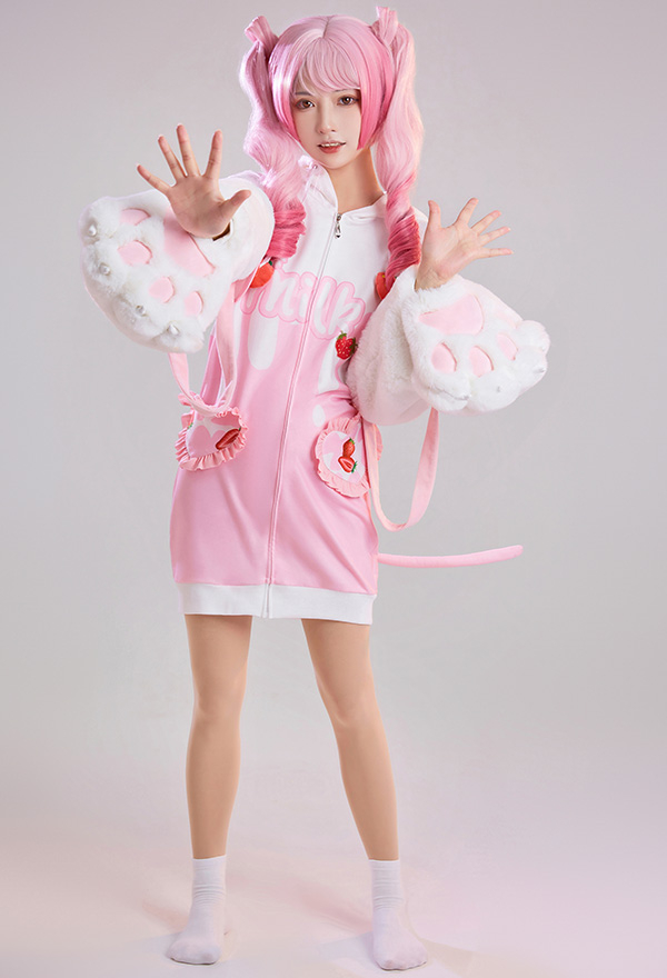 Women Cute Pink Strawberry Milk Hooded Loungewear with Detachable Furry Paw Gloves Women Cute Pink Strawberry Milk Hooded Loungewear with Detachable Furry Paw Gloves