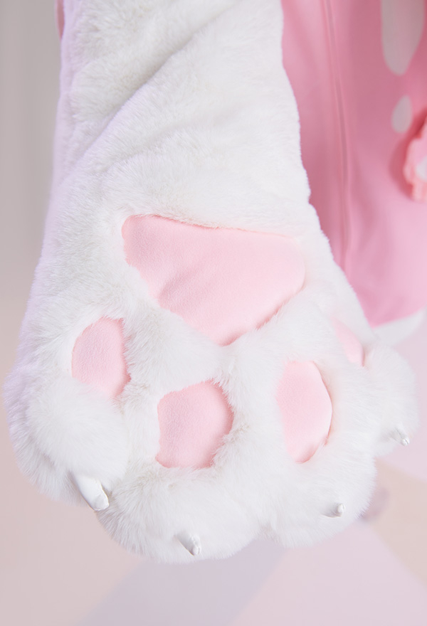 Women Cute Pink Strawberry Milk Hooded Loungewear with Detachable Furry Paw Gloves Women Cute Pink Strawberry Milk Hooded Loungewear with Detachable Furry Paw Gloves