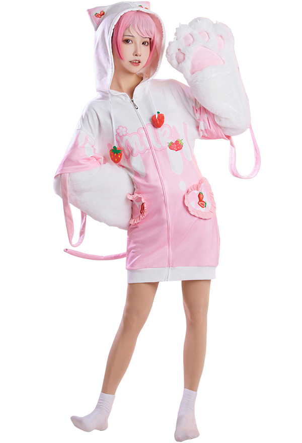 Women Cute Pink Strawberry Milk Hooded Loungewear with Detachable Furry Paw Gloves Women Cute Pink Strawberry Milk Hooded Loungewear with Detachable Furry Paw Gloves