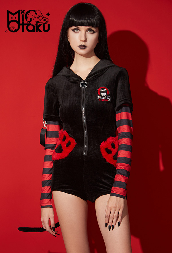 Emily the Strange Halloween Costume Long Sleeves Fluffy Bags Zip Up Cat Hooded Romper Pajama Emily the Strange Halloween Costume Long Sleeves Fluffy Bags Zip Up Cat Hooded Romper Pajama