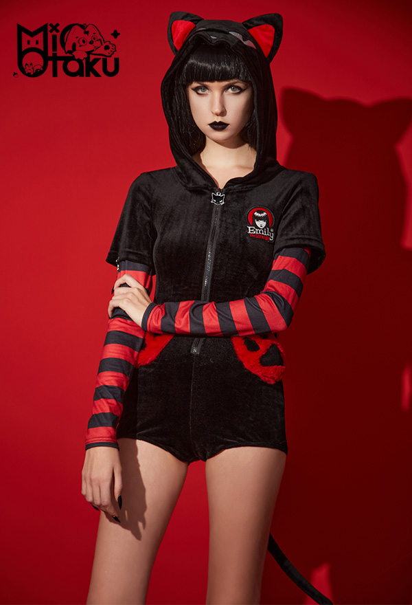 Emily the Strange Halloween Costume Long Sleeves Fluffy Bags Zip Up Cat Hooded Romper Pajama Emily the Strange Halloween Costume Long Sleeves Fluffy Bags Zip Up Cat Hooded Romper Pajama
