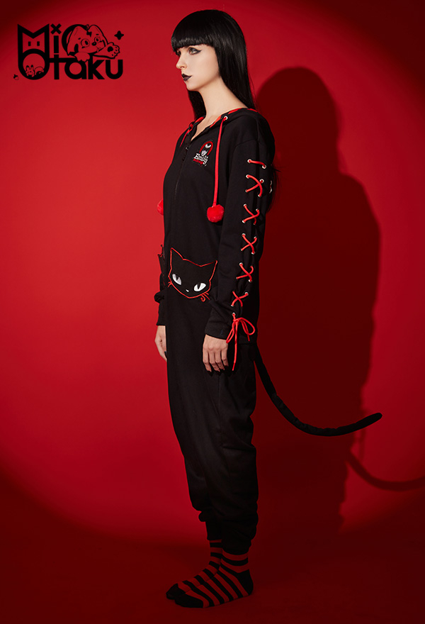 Emily the Strange Black Cat Print Halloween Costume Long Sleeves with Drawstrings Hooded Onesie Pajama