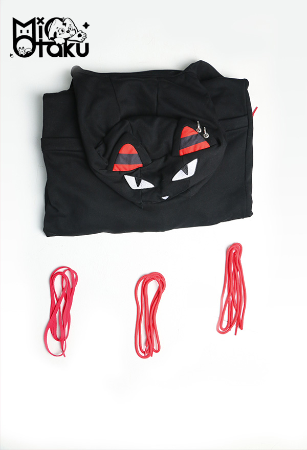 Emily the Strange Black Cat Print Halloween Costume Long Sleeves with Drawstrings Hooded Onesie Pajama