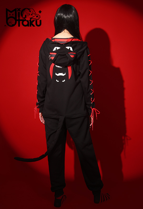 Emily the Strange Black Cat Print Halloween Costume Long Sleeves with Drawstrings Hooded Onesie Pajama