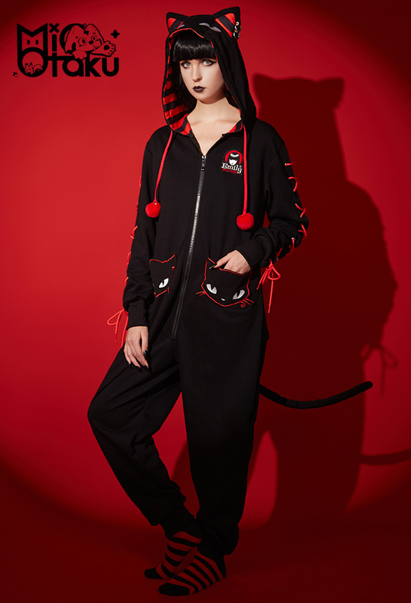 Emily the Strange Black Cat Print Halloween Costume Long Sleeves with Drawstrings Hooded Onesie Pajama