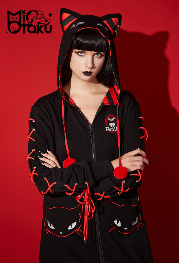 Emily the Strange Black Cat Print Halloween Costume Long Sleeves with Drawstrings Hooded Onesie Pajama