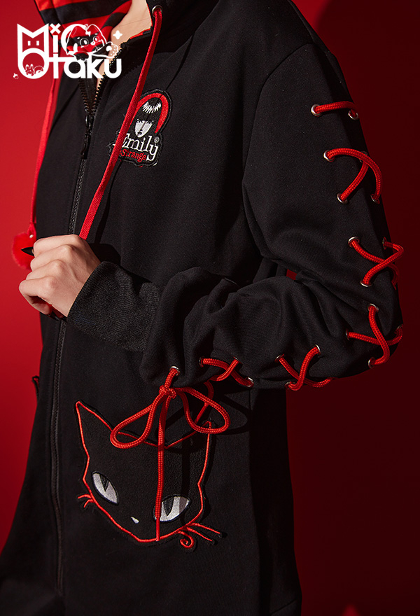 Emily the Strange Black Cat Print Halloween Costume Long Sleeves with Drawstrings Hooded Onesie Pajama