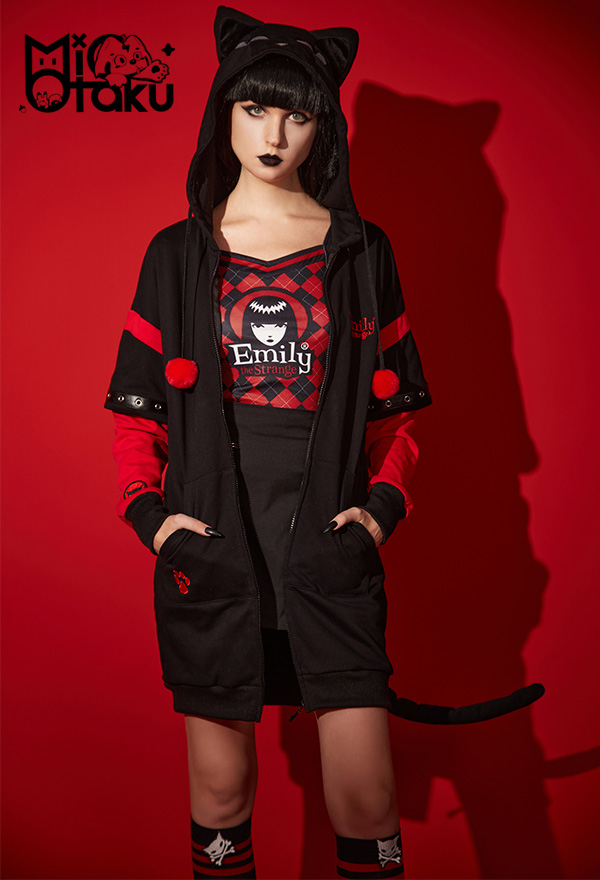 Emily the Strange Black Red Embroidery Print Halloween Costume Zipper Cat Hooded Onesie Pajama Dress Emily the Strange Black Red Embroidery Print Halloween Costume Zipper Cat Hooded Onesie Pajama Dress