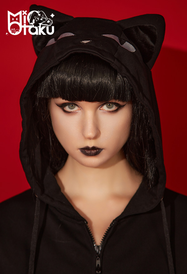 Emily the Strange Black Red Embroidery Print Halloween Costume Zipper Cat Hooded Onesie Pajama Dress Emily the Strange Black Red Embroidery Print Halloween Costume Zipper Cat Hooded Onesie Pajama Dress