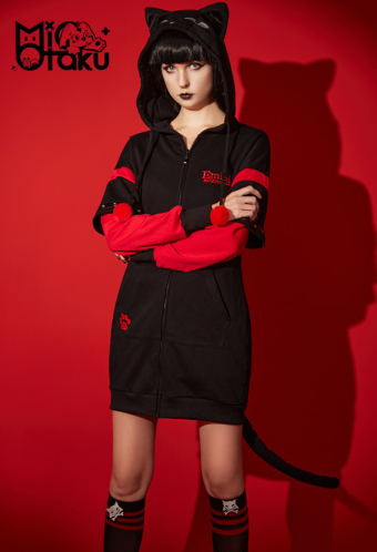 Emily the Strange Black Red Embroidery Print Halloween Costume Zipper Cat Hooded Onesie Pajama Dress