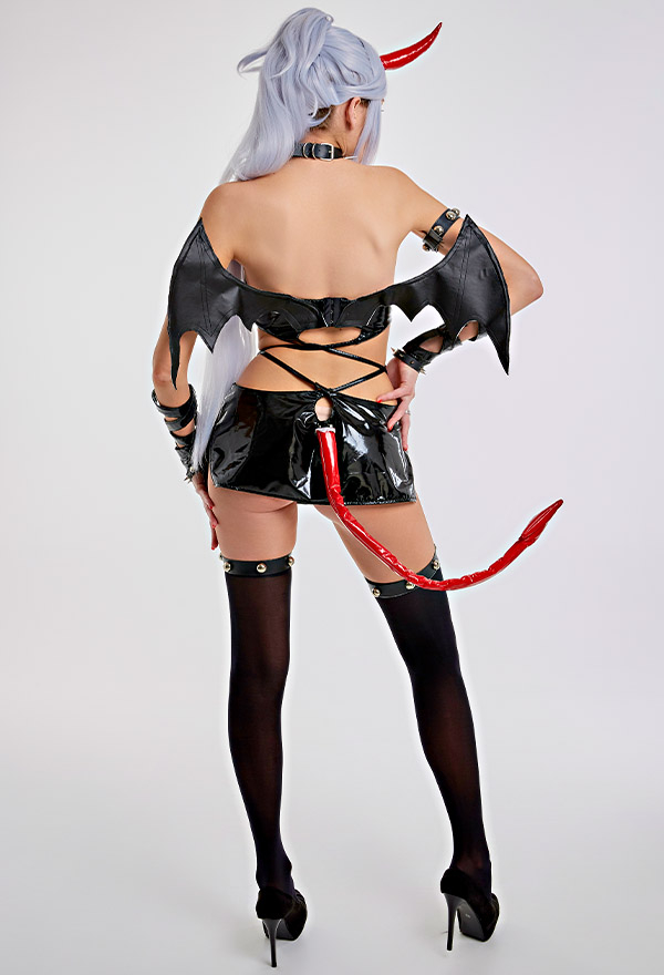 BITE ME LIGHTLY Bat Wings Demon Sexy Lingerie Set Dark Style Black Bandage Halter Bodysuit with Thigh High Socks