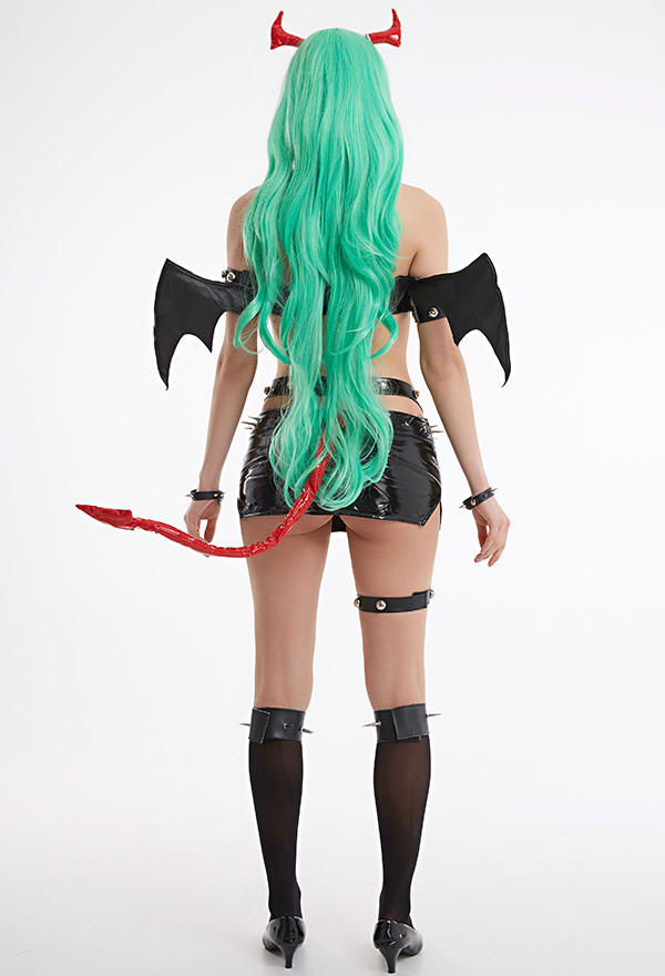 BITE ME LIGHTLY Bat Wings Demon Sexy Lingerie Set Black Low-cut Halter Bra Rivet Decorated Miniskirt Lingerie