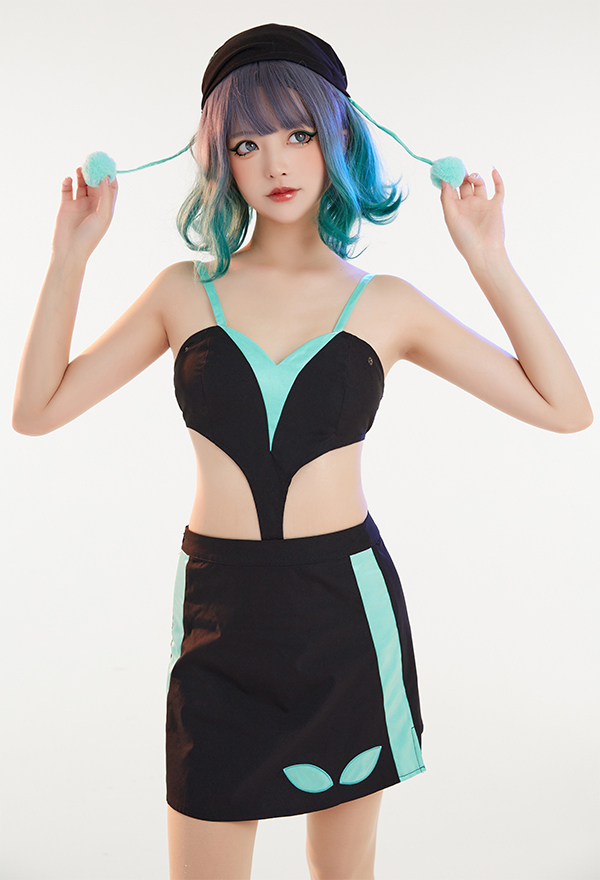 Cyber Attack Women Cybergoth Style Clubwear Black Mint Green Jacket and Skirt Set
