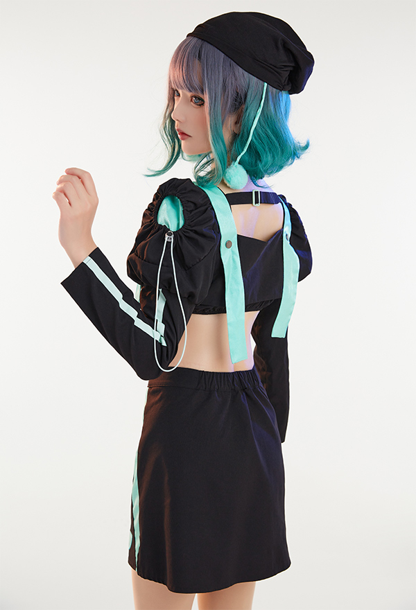 Cyber Attack Women Cybergoth Style Clubwear Black Mint Green Jacket and Skirt Set