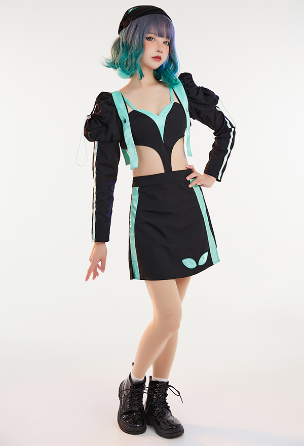 Cyber Attack Women Cybergoth Style Clubwear Black Mint Green Jacket and Skirt Set