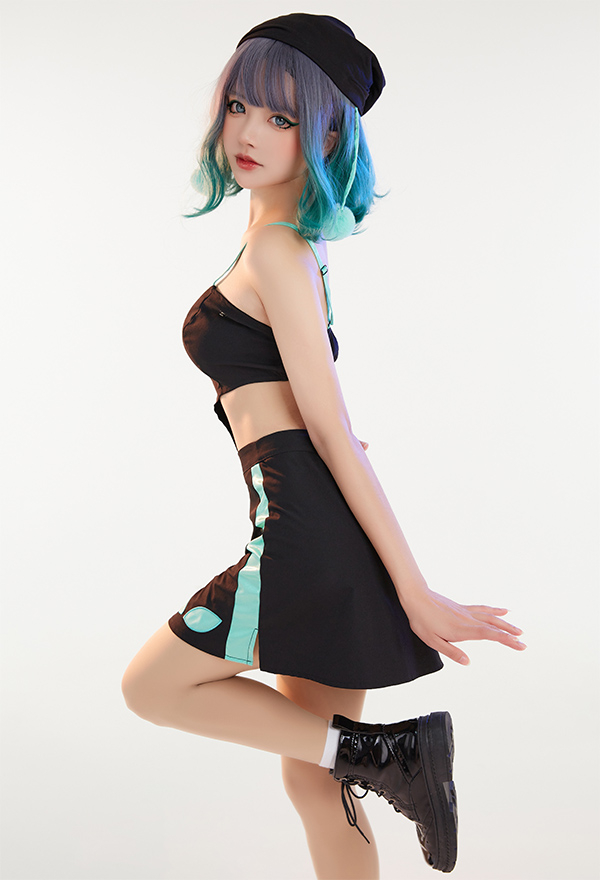 Cyber Attack Women Cybergoth Style Clubwear Black Mint Green Jacket and Skirt Set