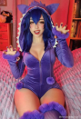 Purple Ghost Sexy Romper Bodysuit Plush Hooded and Stocking with Belt and Tail