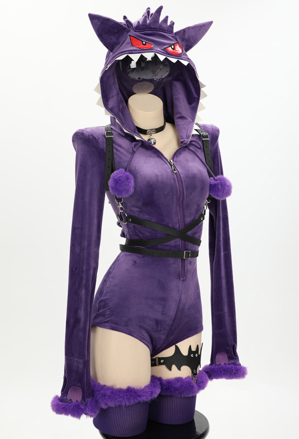 Plus Size Purple Ghost Purple Sexy Romper Bodysuit Plush Hooded and Stocking with Belt and Tail