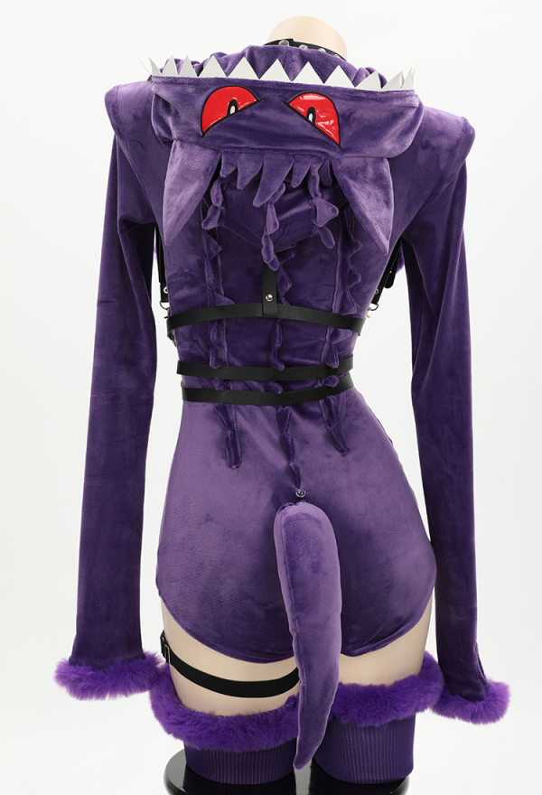 Plus Size Purple Ghost Purple Sexy Romper Bodysuit Plush Hooded and Stocking with Belt and Tail