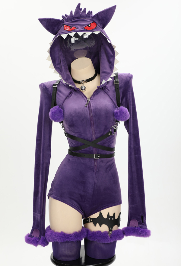 Purple Ghost Sexy Romper Bodysuit Plush Hooded and Stocking with Belt and Tail