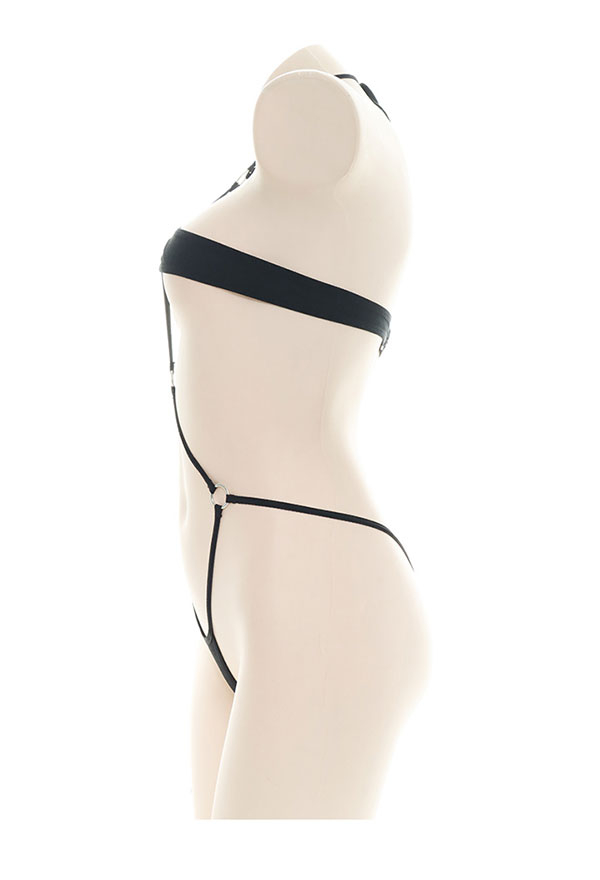 Gothic Sexy Hot Fancy One-Piece Lingerie Black Cotton Ring Joint String Neck Halter Lingerie