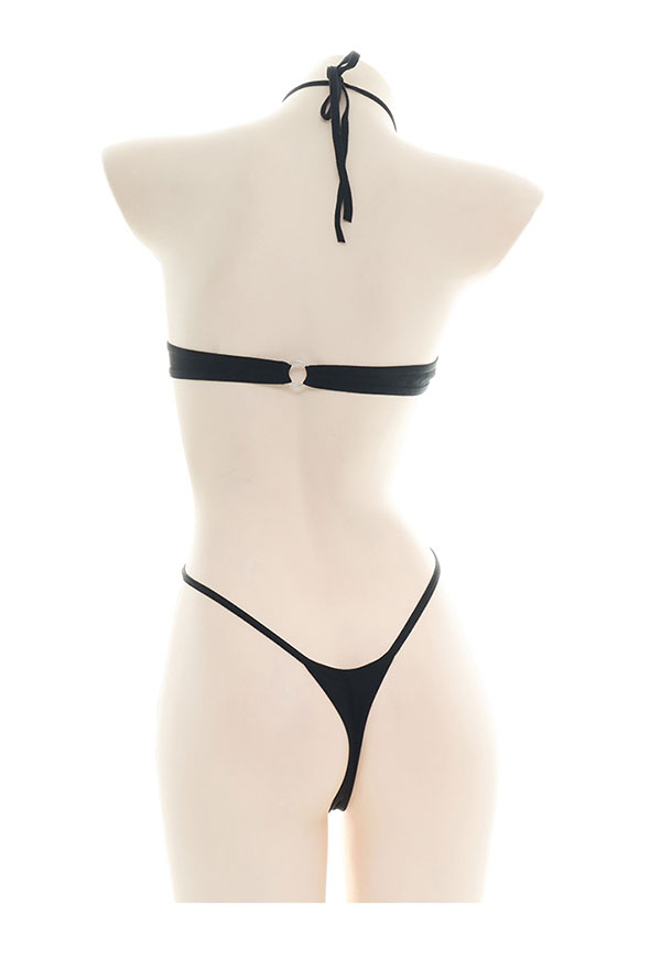 Gothic Sexy Hot Fancy One-Piece Lingerie Black Cotton Ring Joint String Neck Halter Lingerie