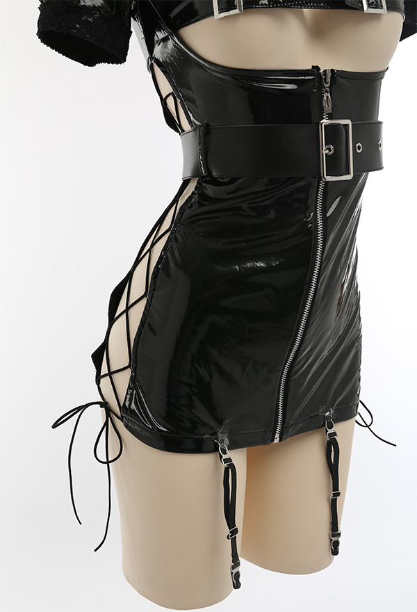 Ur Medi-sin Gothic Nurse Costume Black Lace-up Outfit With Belt Lace Mask And Headband