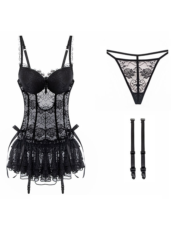 Woman Sexy Slim Corset Lingerie Vintage Style Black Lace Floral Pattern Backless Tutu Dress Babydoll Bodysuit