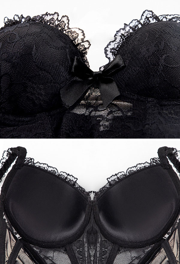 Woman Sexy Slim Corset Lingerie Vintage Style Black Lace Floral Pattern Backless Tutu Dress Babydoll Bodysuit