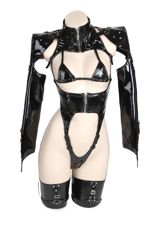 Type B Gothic Black PU Long Sleeve Three-Point Sexy Lingerie Set