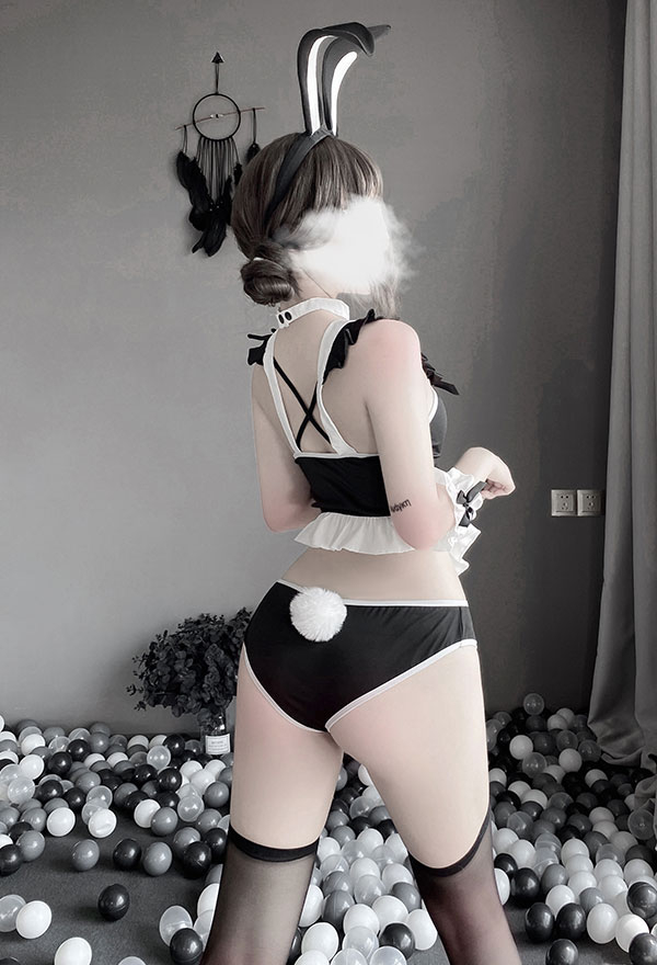 INDULGE THE NIGHT Gothic Bunny Girl Sexy Uniform Black and White Ruffle Decorated Waist Hollowed Bodysuit with Headdress