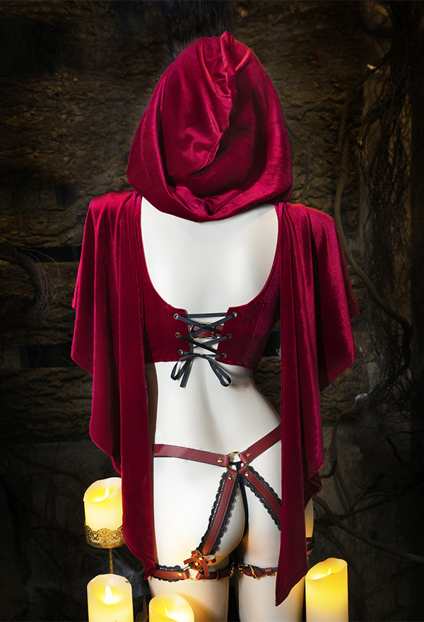 BLOOD ROSY BRIDE Sexy Valentine Lingerie Set Red Velvet Hollowed Open Chest Lingerie with garters
