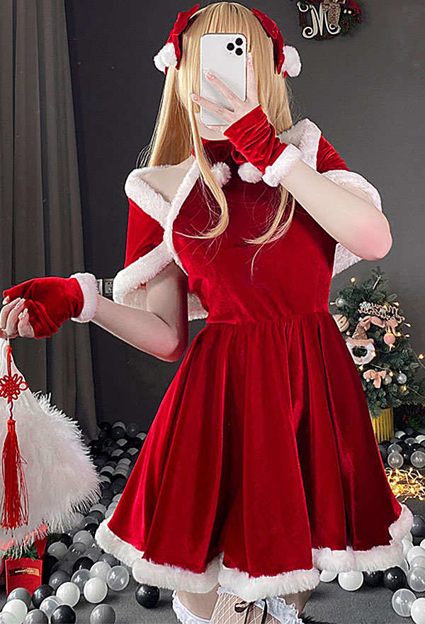 Xmas Elf Women Sweet Elf Christmas Costume Maid Style Red Velvet Bowknot Decorated Cold Shoulder Hot Dress with Shawl