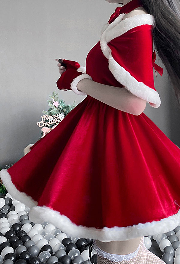 Xmas Elf Women Sweet Elf Christmas Costume Maid Style Red Velvet Bowknot Decorated Cold Shoulder Hot Dress with Shawl