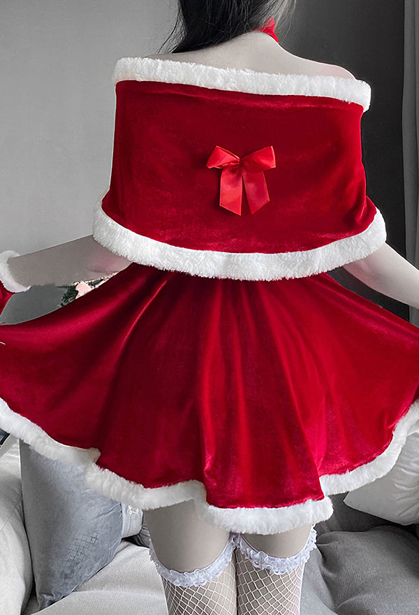 Xmas Elf Women Sweet Elf Christmas Costume Maid Style Red Velvet Bowknot Decorated Cold Shoulder Hot Dress with Shawl