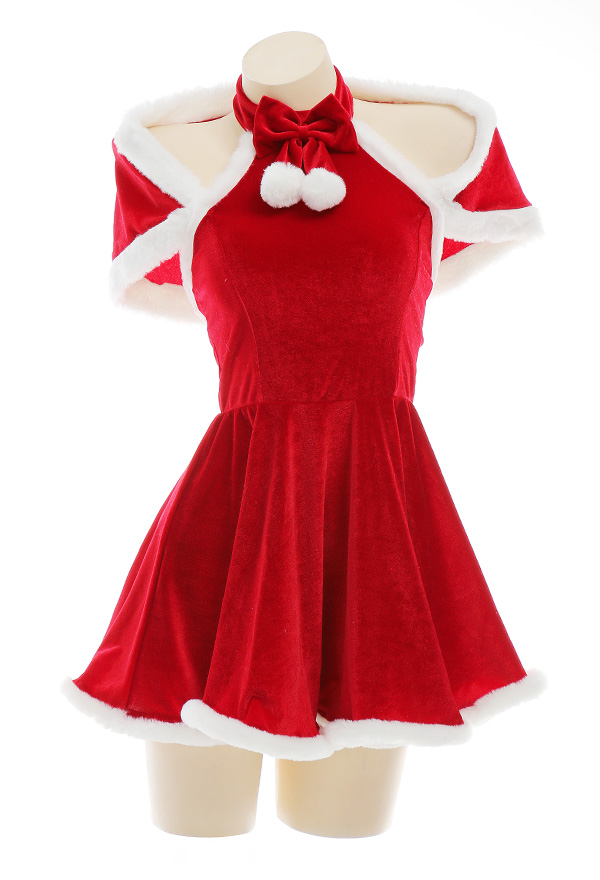 Xmas Elf Women Sweet Elf Christmas Costume Maid Style Red Velvet Bowknot Decorated Cold Shoulder Hot Dress with Shawl