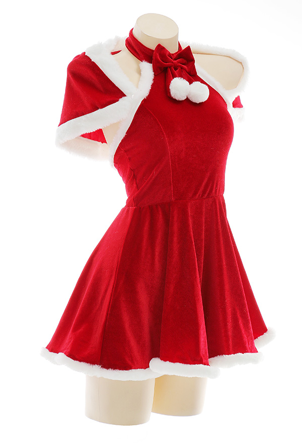 Xmas Elf Women Sweet Elf Christmas Costume Maid Style Red Velvet Bowknot Decorated Cold Shoulder Hot Dress with Shawl