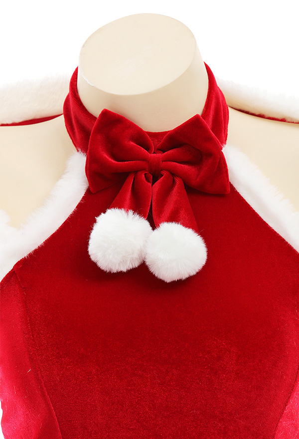 Xmas Elf Women Sweet Elf Christmas Costume Maid Style Red Velvet Bowknot Decorated Cold Shoulder Hot Dress with Shawl