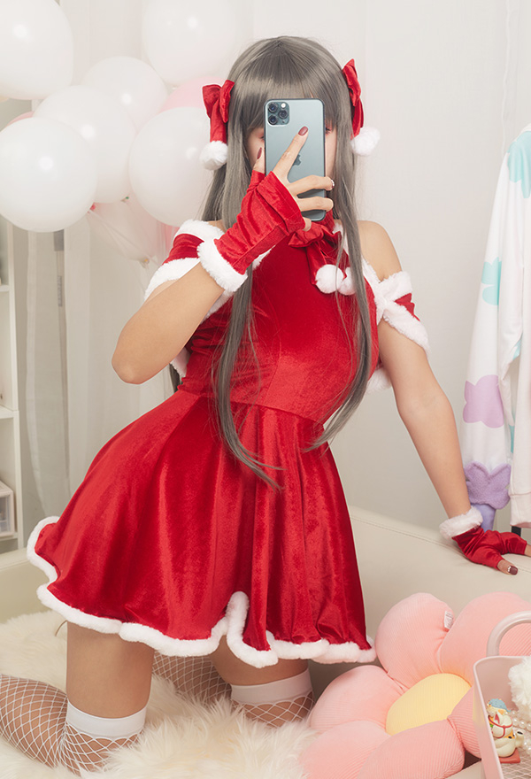 Xmas Elf Women Sweet Elf Christmas Costume Maid Style Red Velvet Bowknot Decorated Cold Shoulder Hot Dress with Shawl